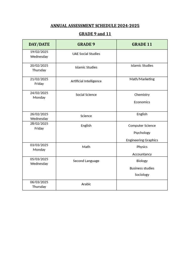 2024-2025 Grade 9 & 11 Assessment Schedule | PDF