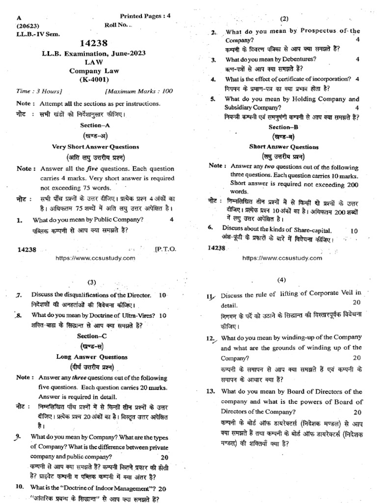 Llb 4 Sem Law Company Law 14238 Jun 2023 | PDF