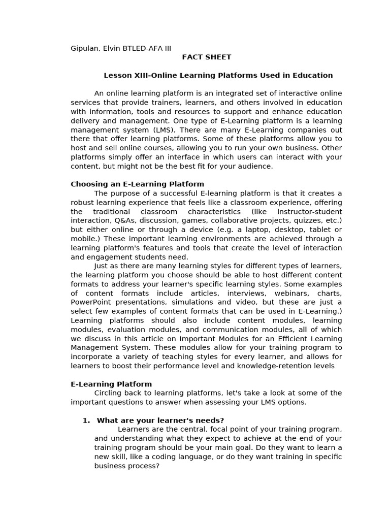 Choosing the Right E-Learning Platform | PDF | Educational Technology ...