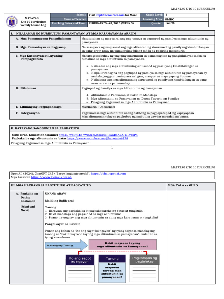 DLL Matatag - GMRC 4 Q4 W3 | PDF