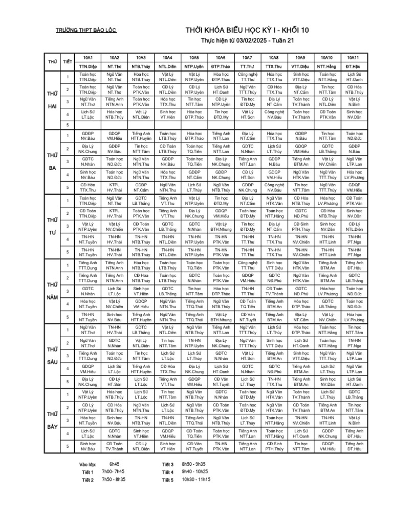 TKB - TUẦN 21 - KHỐI 10 | PDF