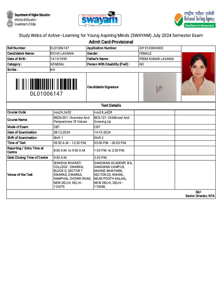 SWAYAM July 2024 Exam Admit Card | PDF