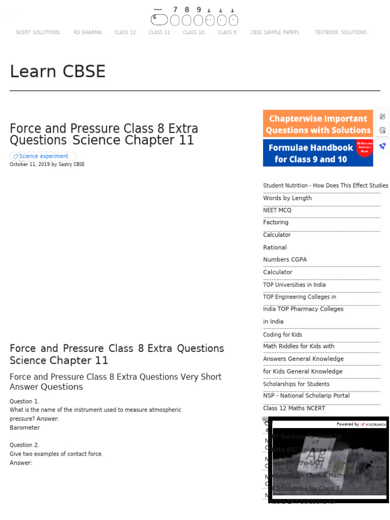 Class 8 Force and Pressure Questions | PDF | Force | Pressure