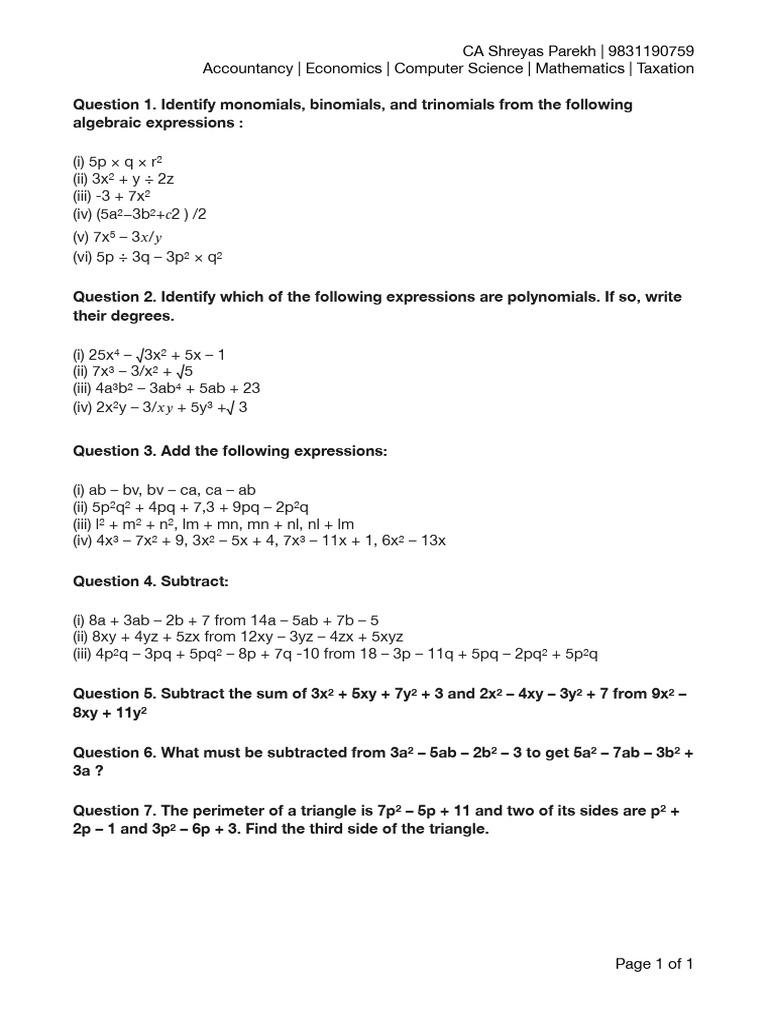 8 Maths Algebra 1 WS | PDF