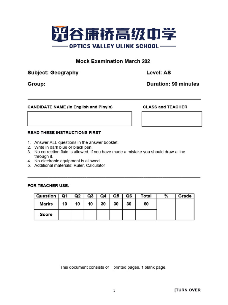 Mock Exam Geo Paper 2 | PDF | Immigration | Human Migration
