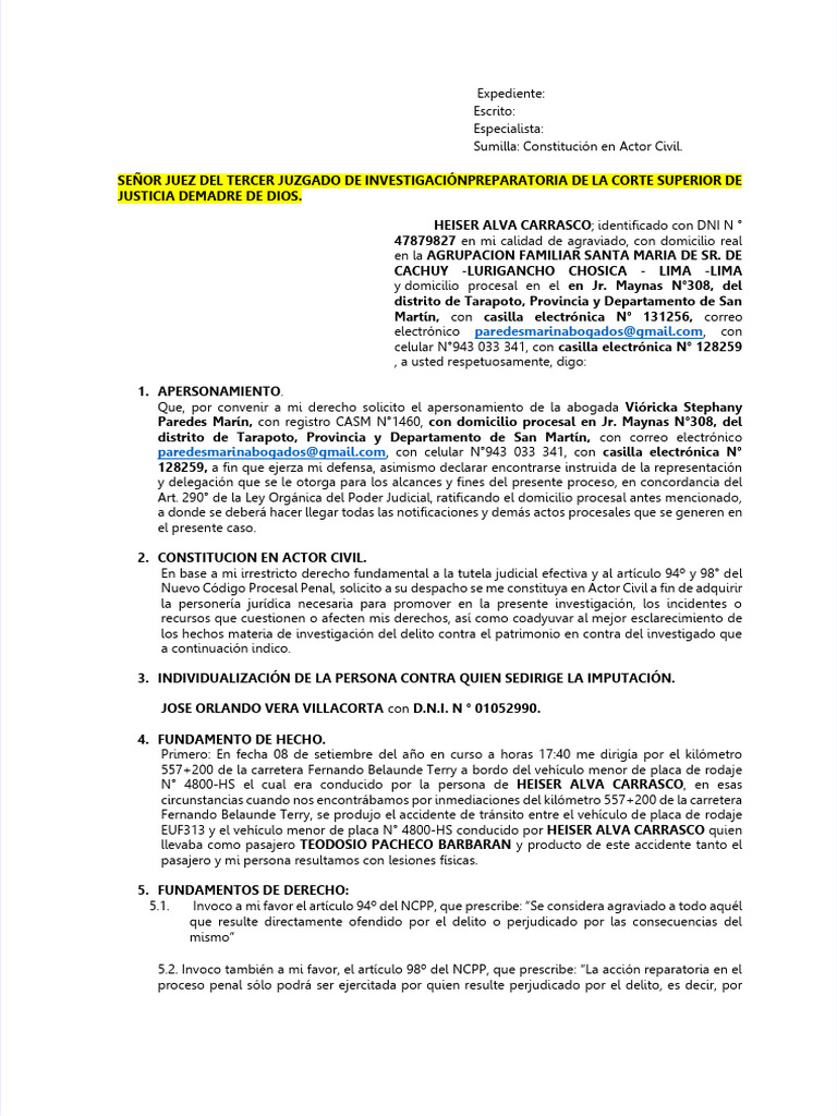 PDF Modelo de Escrito de Constitucion de Actor Civil - Compress | PDF ...