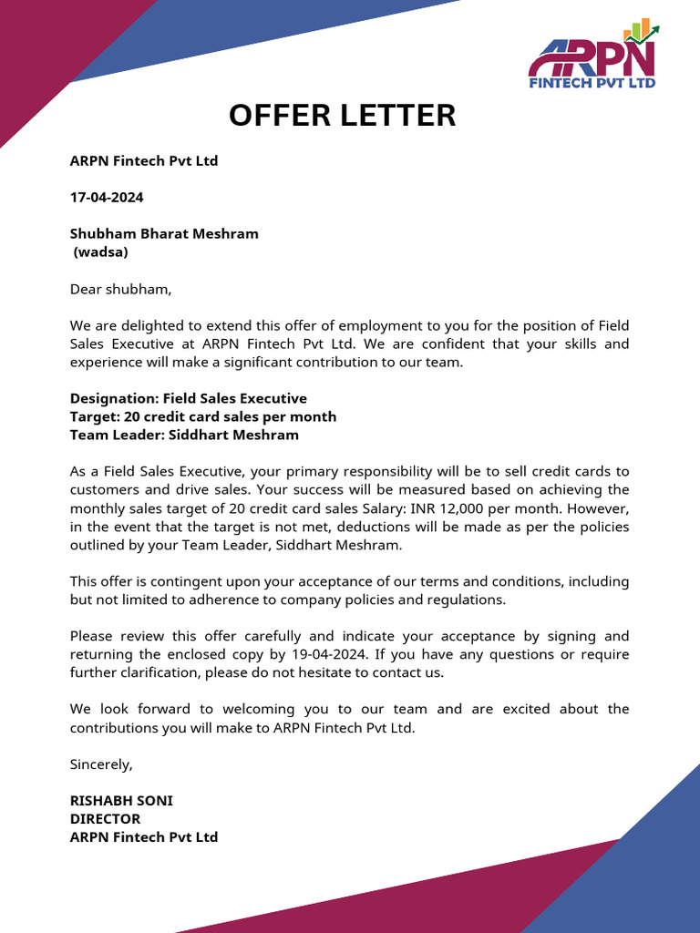 Shubham Offer Letter | PDF