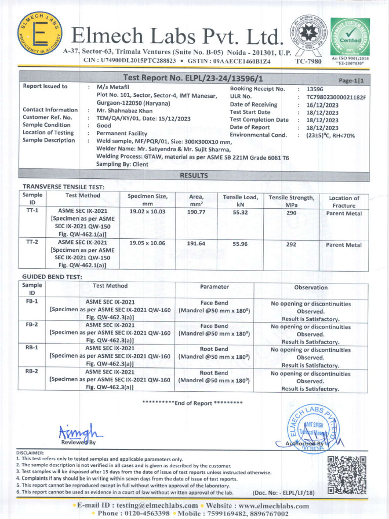 Weld Sample Test Report Summary | PDF