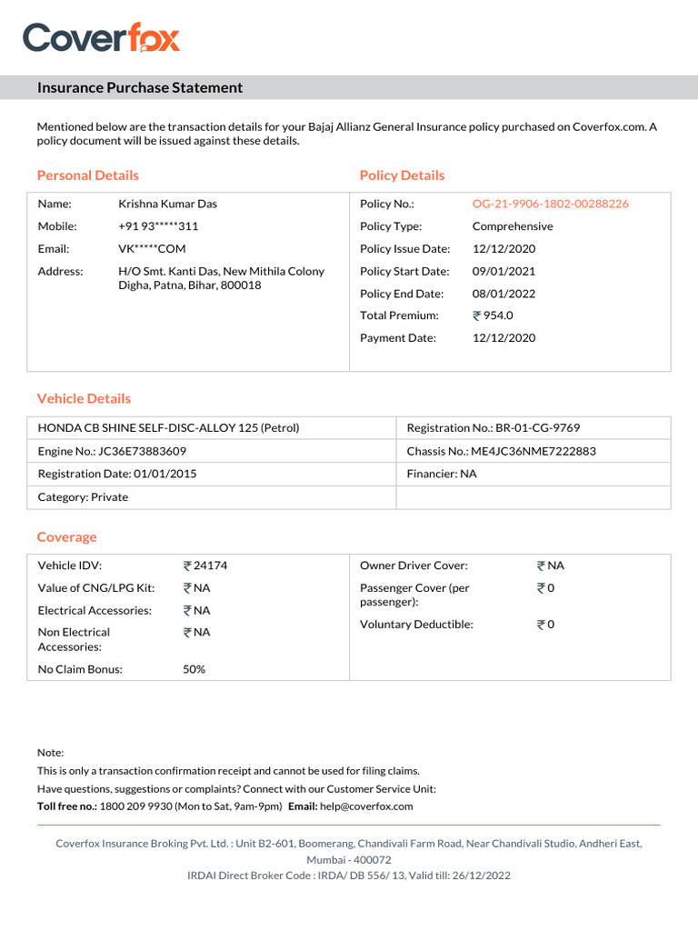 Honda Shine Insurance Till 8TH Jan 2022 | PDF | Insurance | Financial ...
