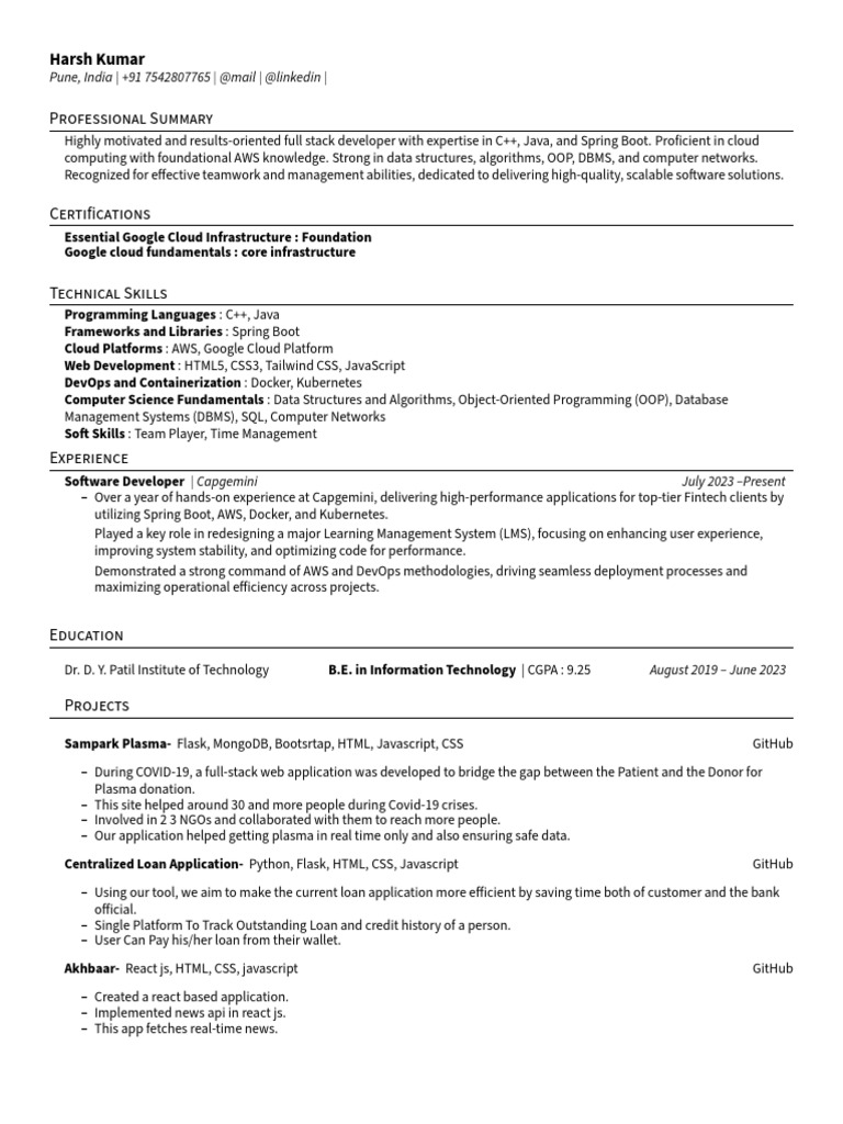 Full Stack Developer Resume - Pune | PDF | Cloud Computing | Databases