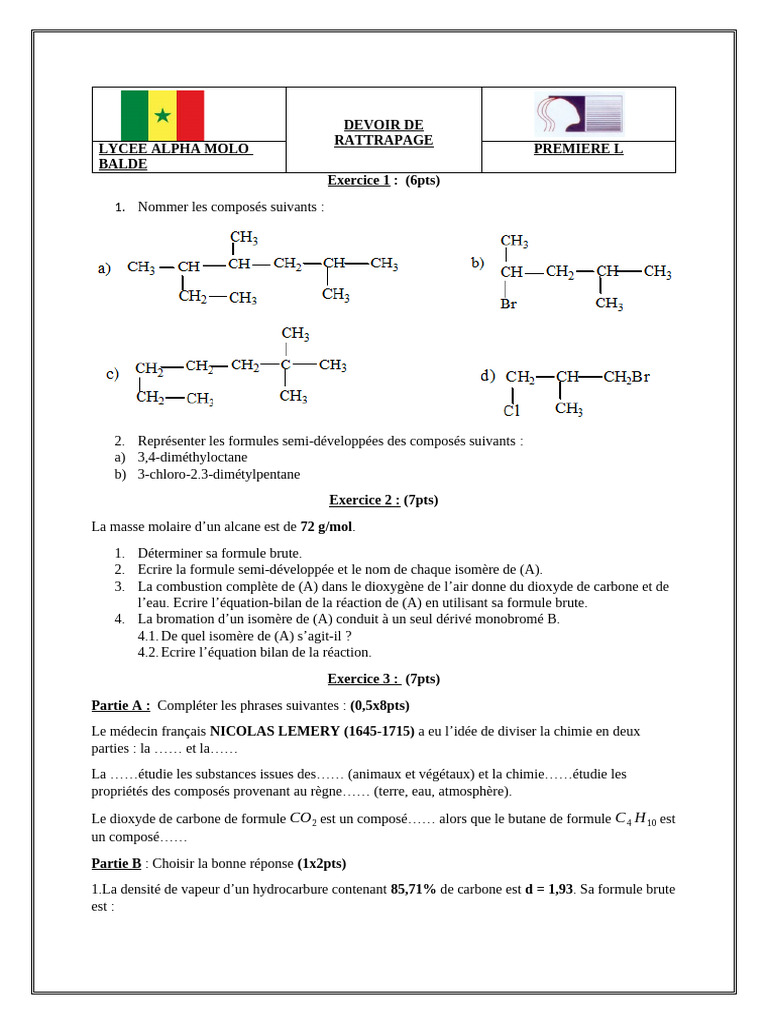 Devoir de rattrapage : Chimie Lycée | PDF