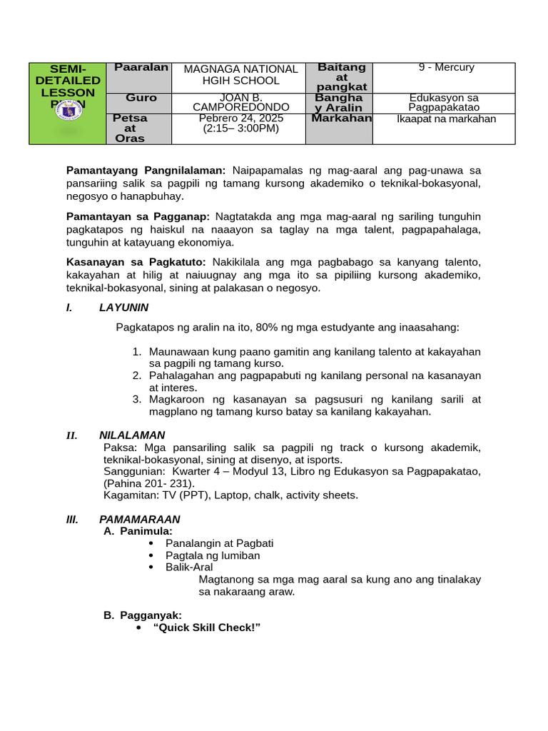 GR 9 ESP Quarter 4 Lesson Plan 3 | PDF
