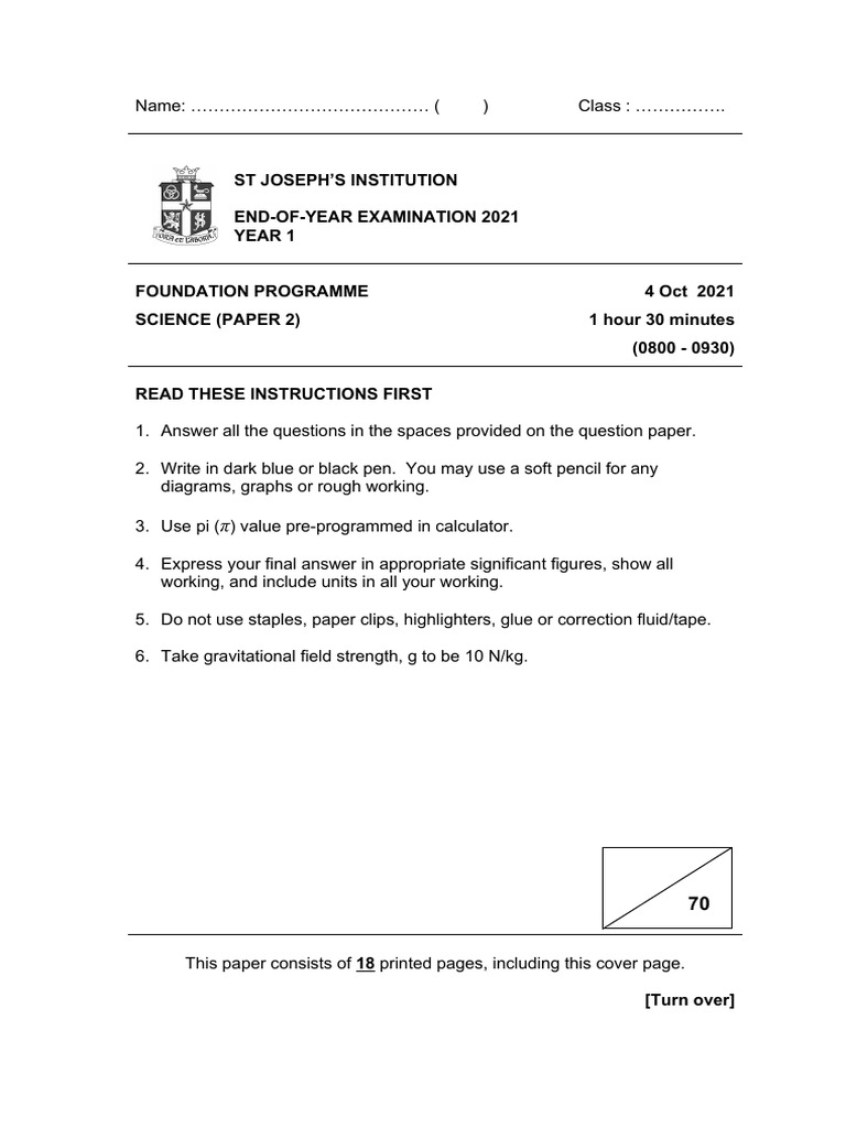 Year 1 Science Exam Paper 2021 | PDF | Liquefied Petroleum Gas | Atoms