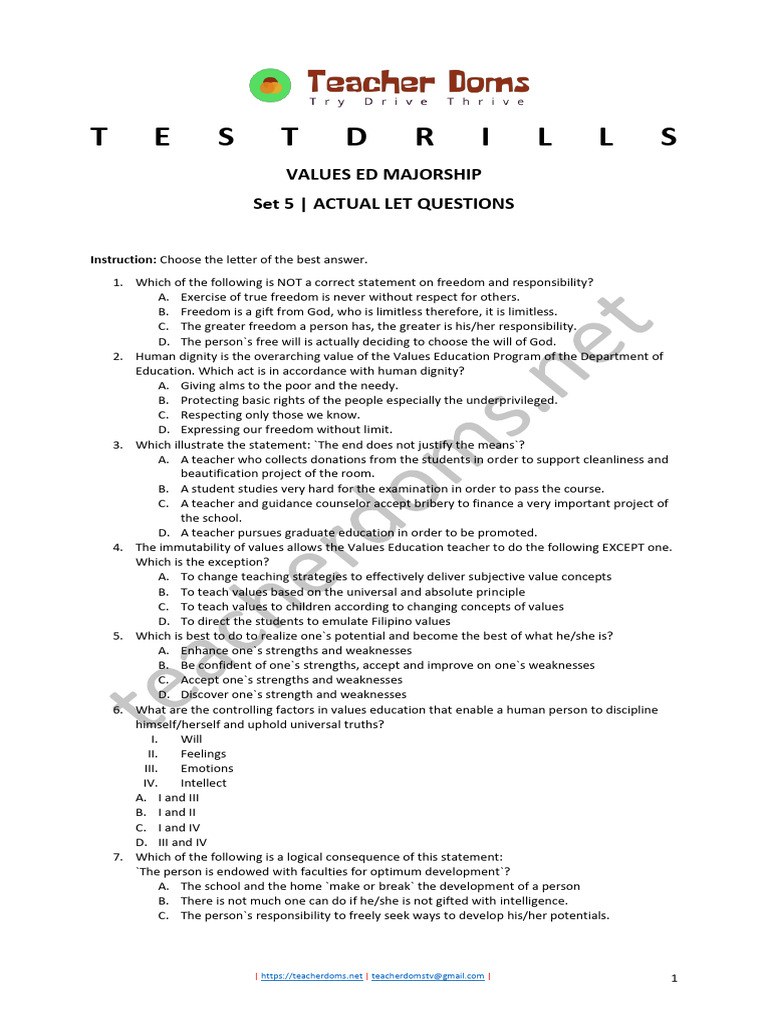 LET Values Education Test Questions | PDF | Morality | Learning