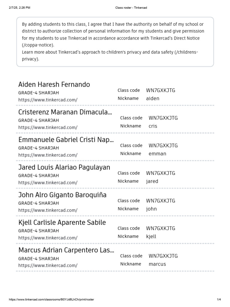 Tinkercad Class Codes and Roster | PDF