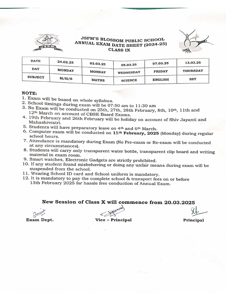 Class IX Annual Exam Date Sheet | PDF