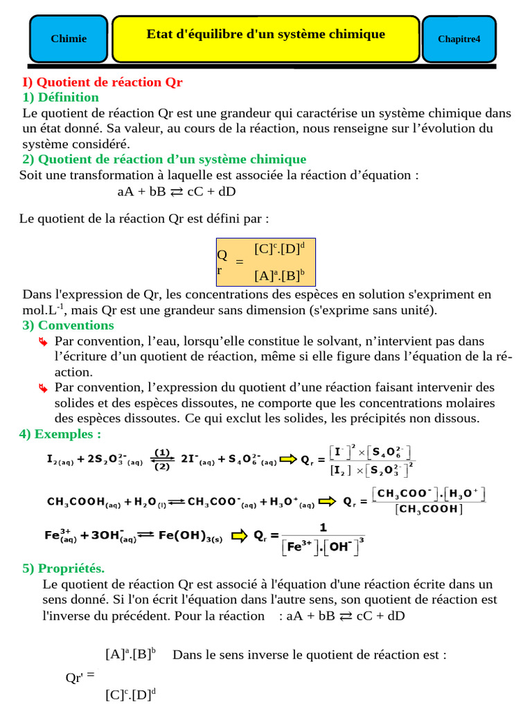 Quotient de réaction et équilibre chimique | PDF | Équilibre chimique ...