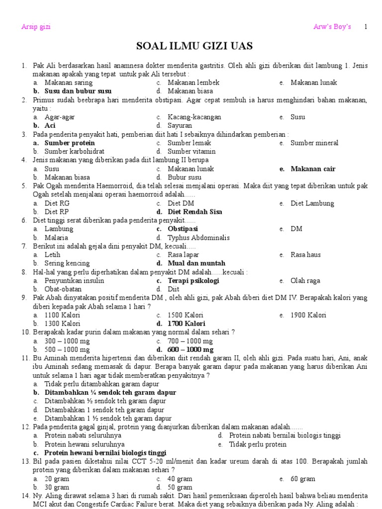 Soal Tes Masuk Ilmu Gizi