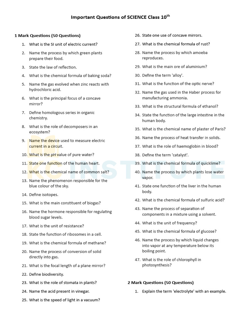 Science Important Questions | PDF | Chemical Substances | Ecosystem