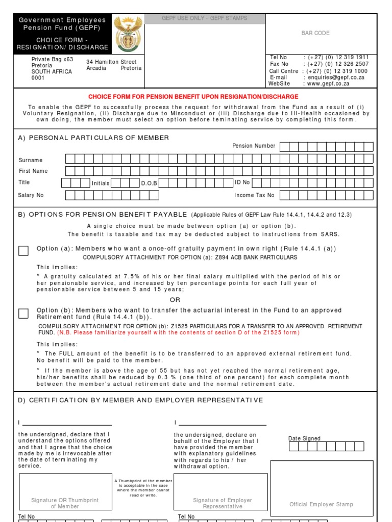 New Choice Form - Resignation | Defined Benefit Pension Plan | Pension