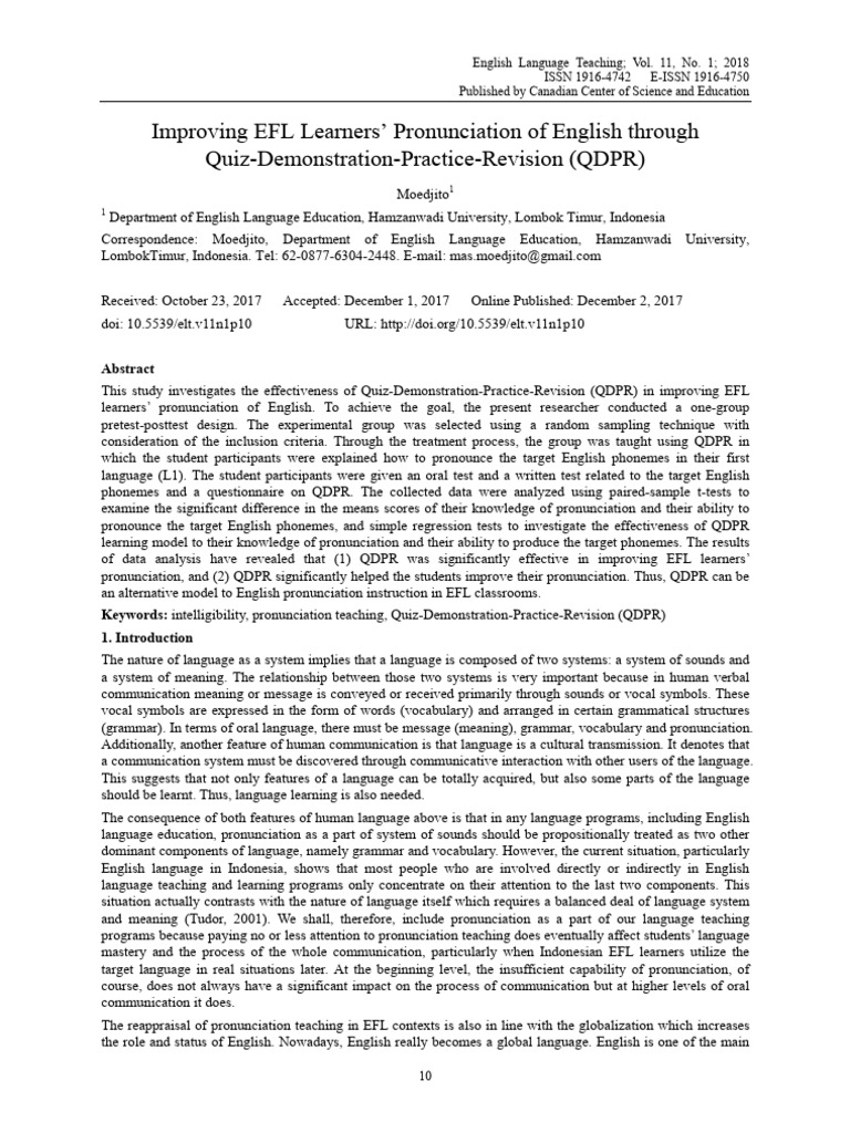 Enhancing EFL Pronunciation with QDPR | PDF | English As A Second Or ...