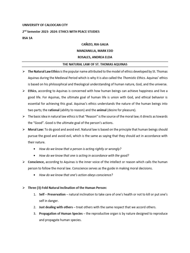 Report 4 Ethics With Peace Studies St. Thomas Aquinas 1 | PDF | Natural ...