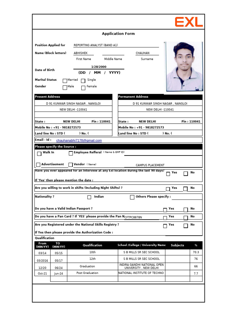EXL Reporting Analyst Application Form | PDF