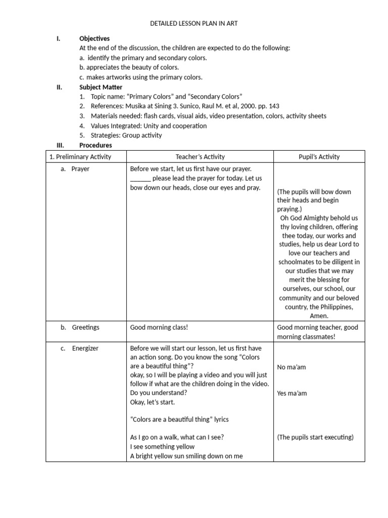 Art Lesson Plan Primary Colors Grade 1 | PDF | Color | Prayer