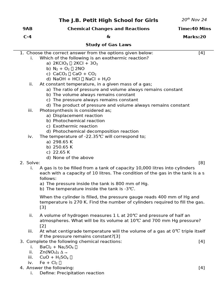 STD 9AB C-4 Gas Laws and Types of Chemical Reaction | PDF | Chemical ...