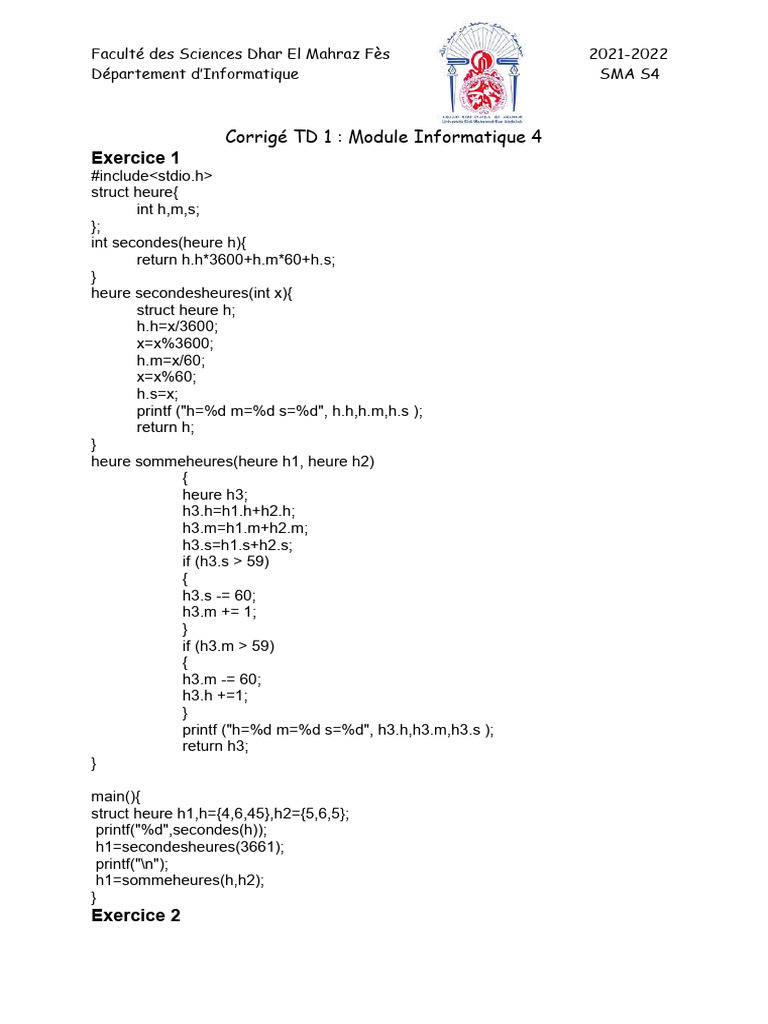 Corrigé TD Informatique 4 - Structures C | PDF | Données informatiques ...