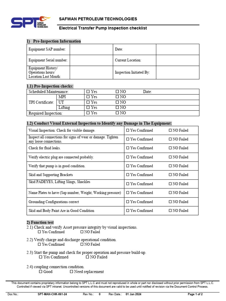 Electrical Transfer Pump Inspection Checklist | PDF