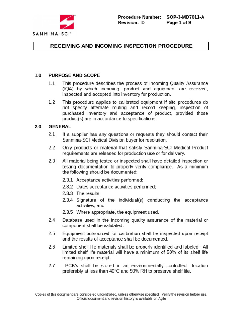 Incoming Quality Assurance Procedure | PDF | Quality Assurance ...