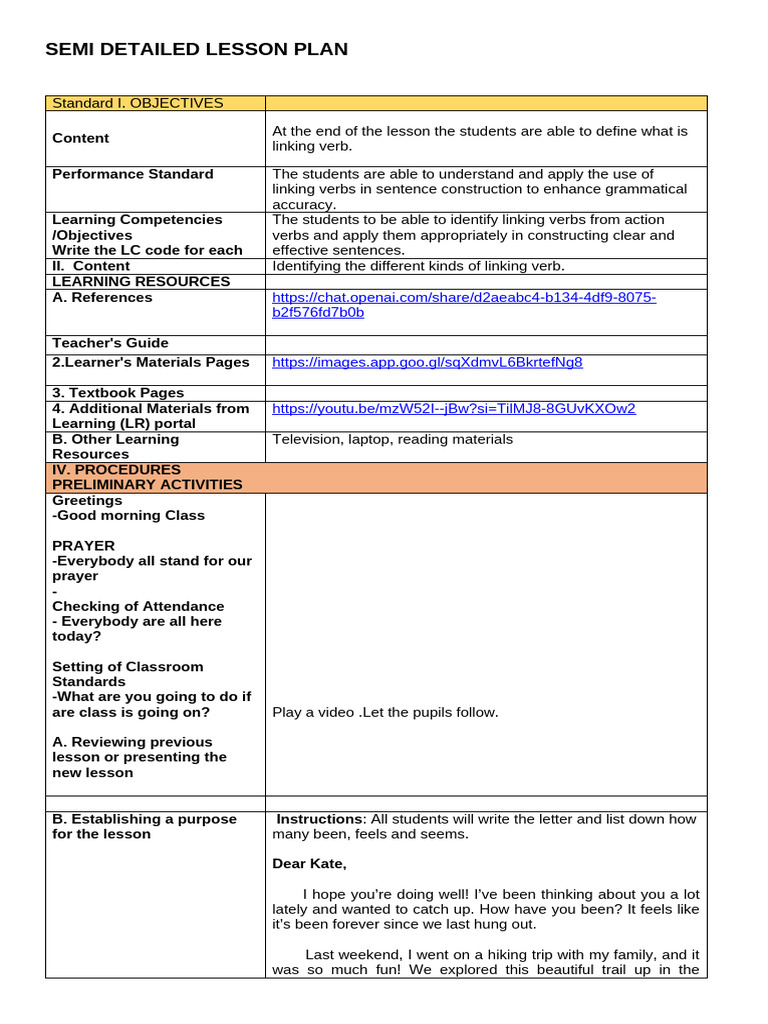 Lesson Plan on Linking Verbs | PDF | Subject (Grammar) | Verb