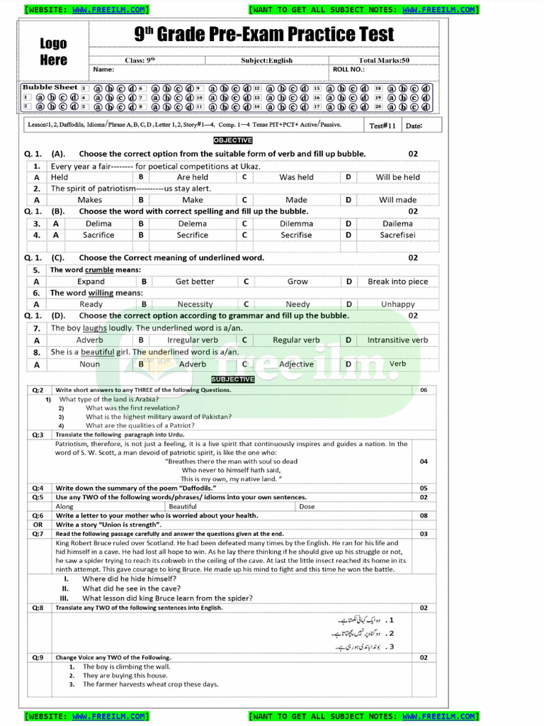 9th English Test Paper 11 | PDF
