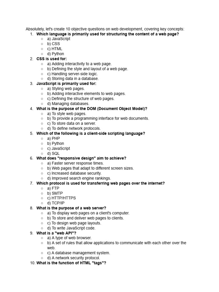 10 objective questions on web development pdf