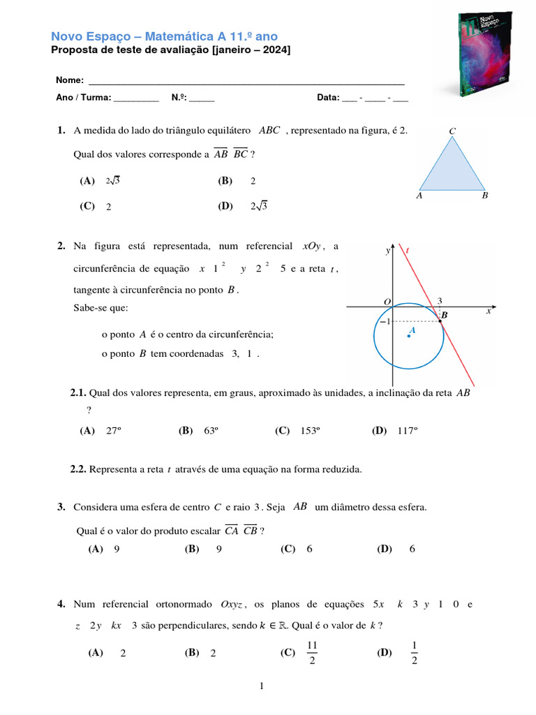 Proposta de Teste de Matemática A 11.º Ano | PDF | Círculo | Equações