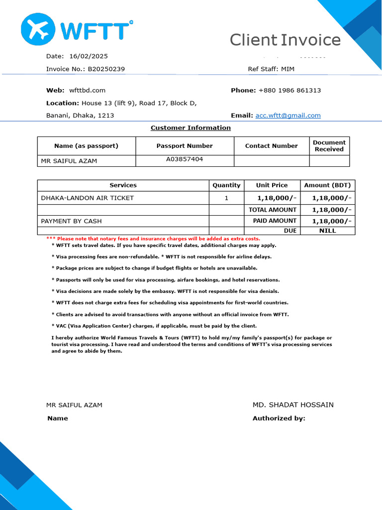 Client Invoice for Air Ticket Purchase | PDF | Fee