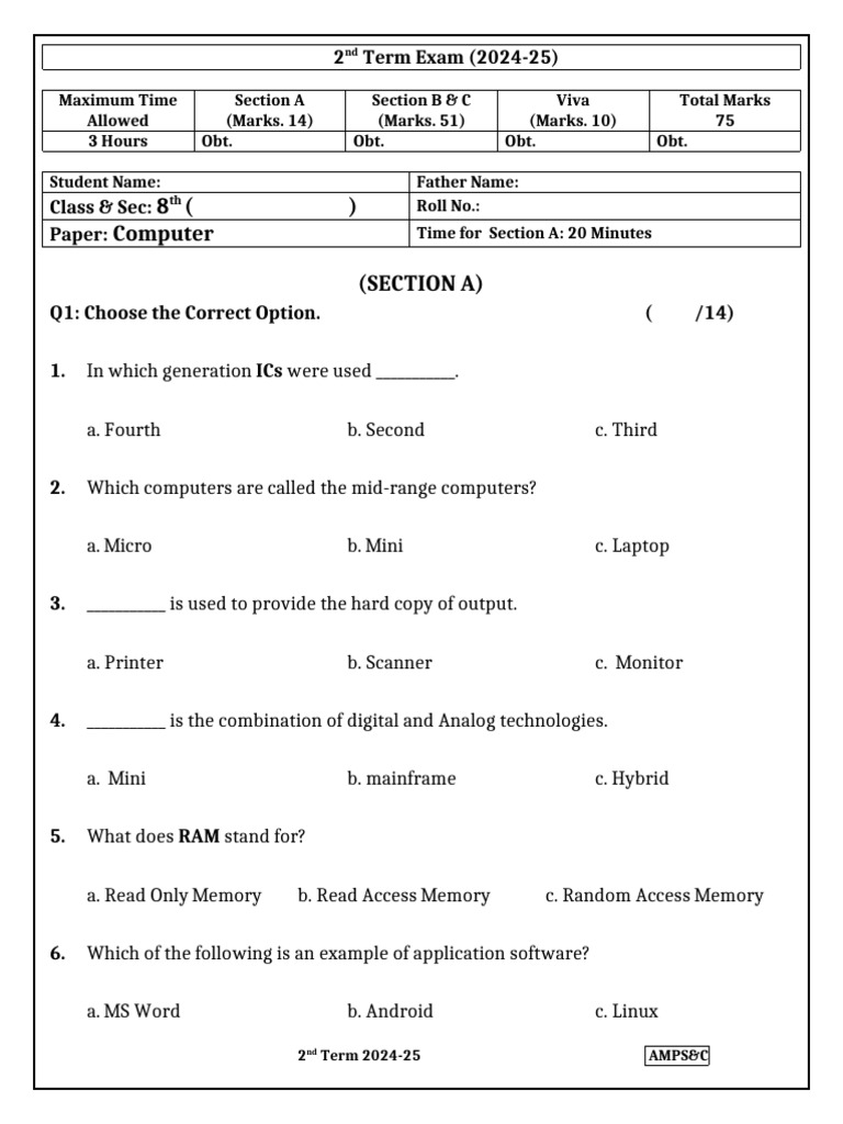 8th Grade Computer Exam 2024-25 | PDF | Network Topology | Central ...