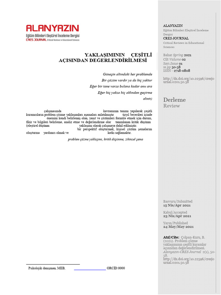 Problem Zme Yakla Iminin e TL Kuramlar A Isindan de Erlend R Lmes ( | PDF