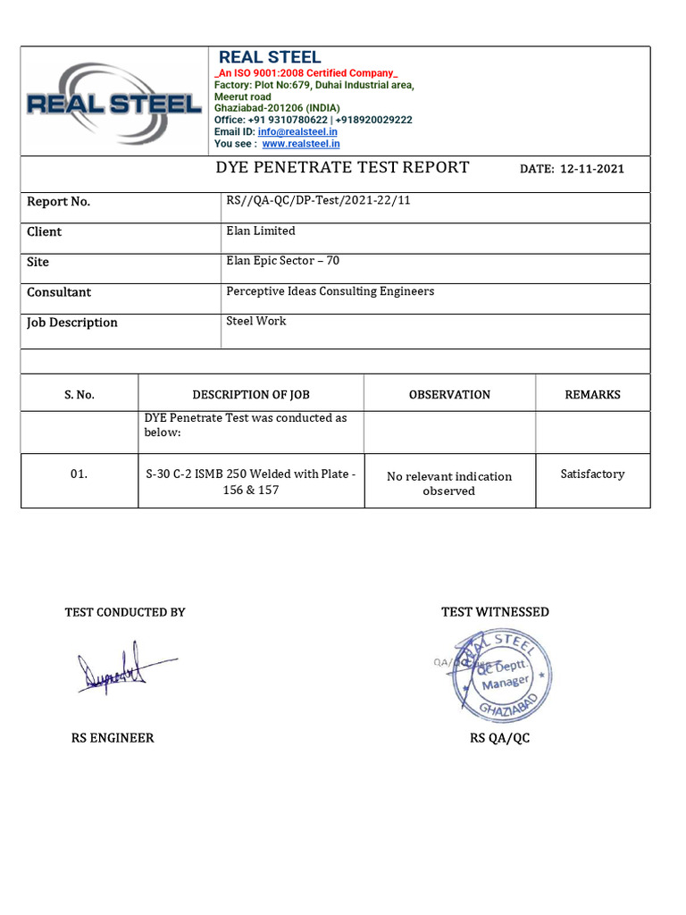 Dye Penetrate Test Report for Steel Work | PDF