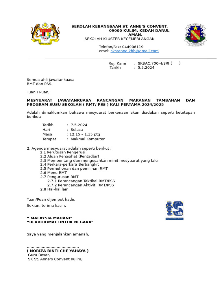 Mesyuarat RMT Susu Kali Pertama 2024 2025 | PDF