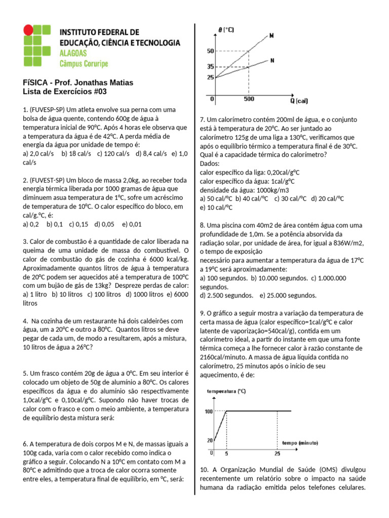 Exercícios de Calor e Termodinâmica | PDF | Calor | Temperatura