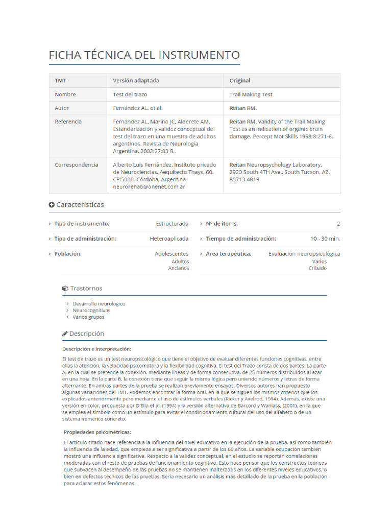 FICHA TÉCNICA TEST TMT (Trail Making Test) | PDF