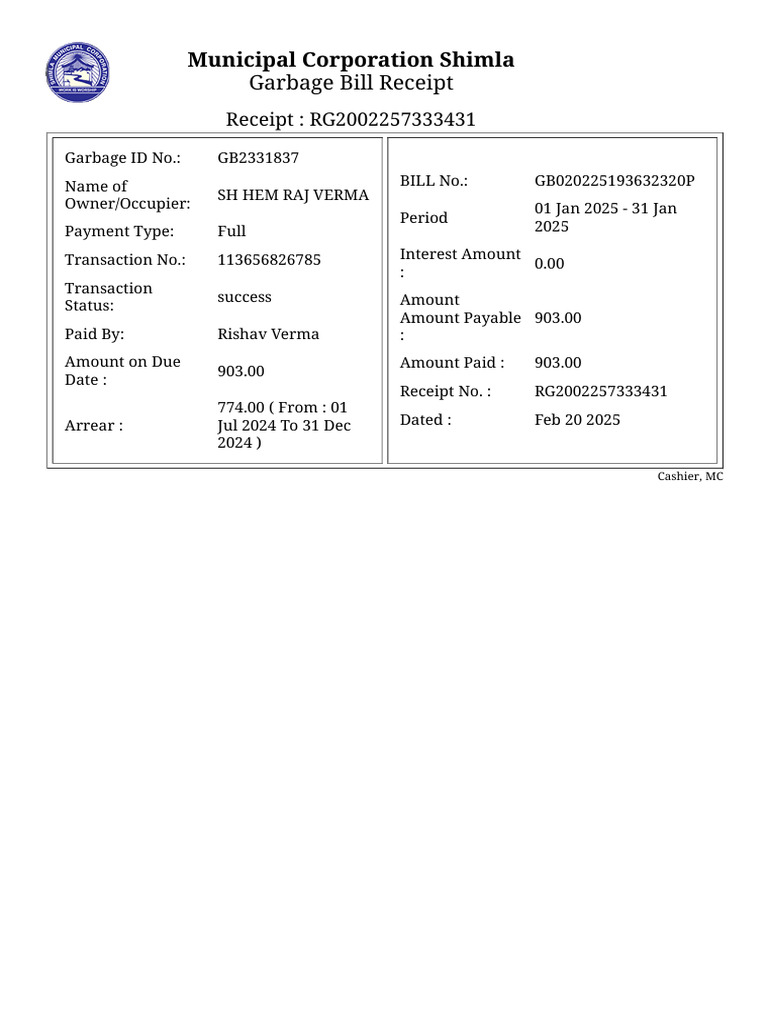 Shimla Garbage Bill Receipt Details | PDF