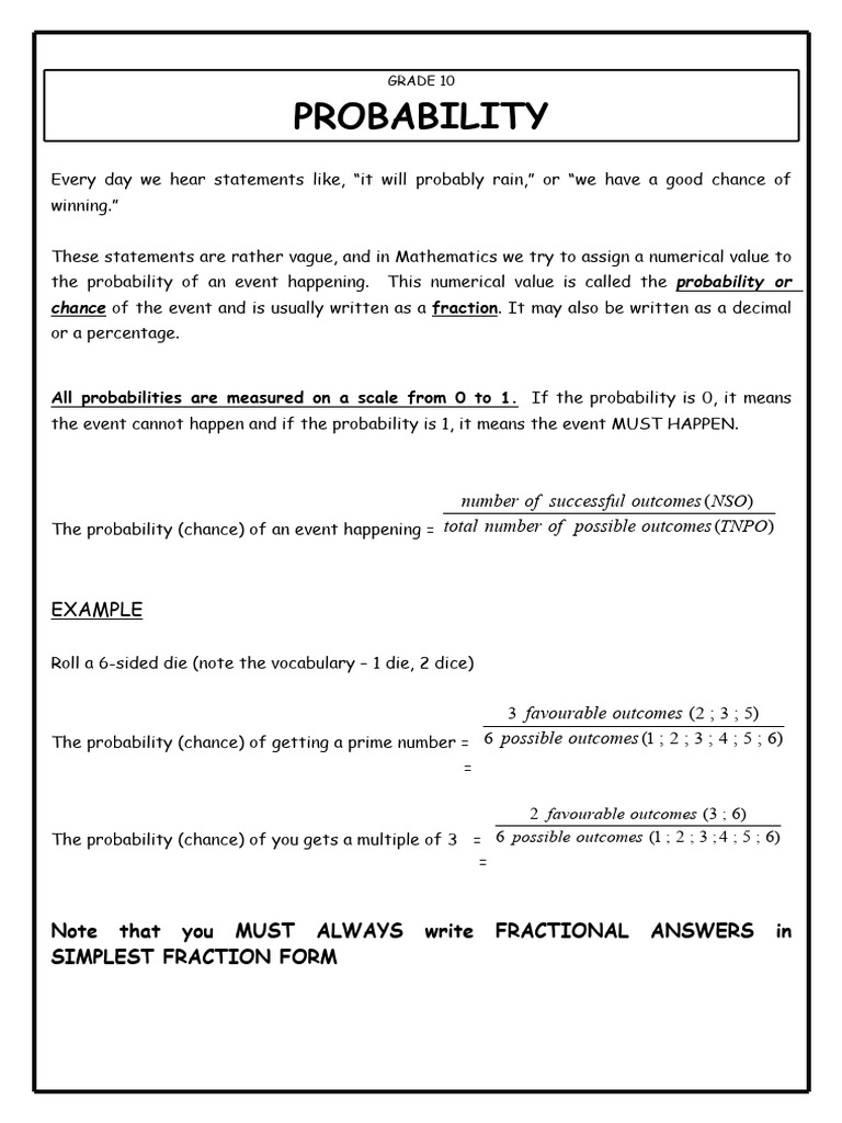 GRADE 10 Probability 2 | PDF | Probability | Numbers
