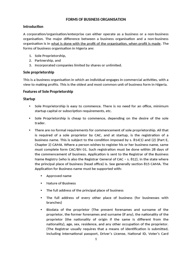 Forms of Business Organisation in Nigeria | PDF | Partnership | Sole ...