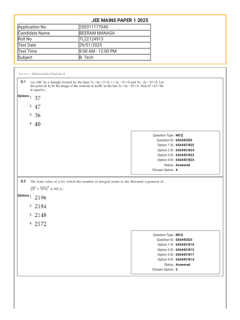 JEE Mains 2025 Candidate Responses | PDF | Multiple Choice | Evaluation ...