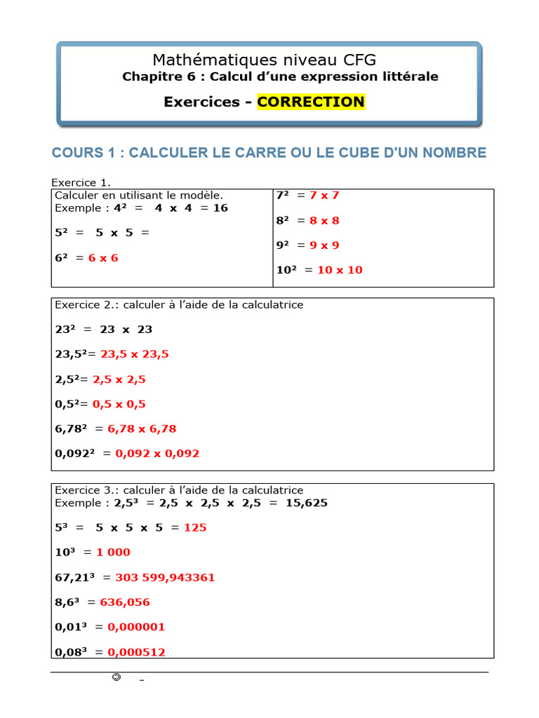 Calcul du carré et du cube de nombres PDF — free download