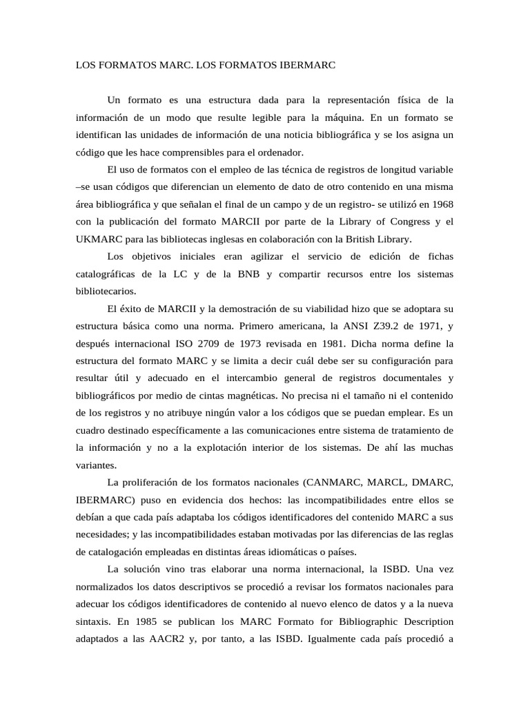 Formatos MARC e IBERMARC en Bibliotecas | PDF | Bibliotecas | Información