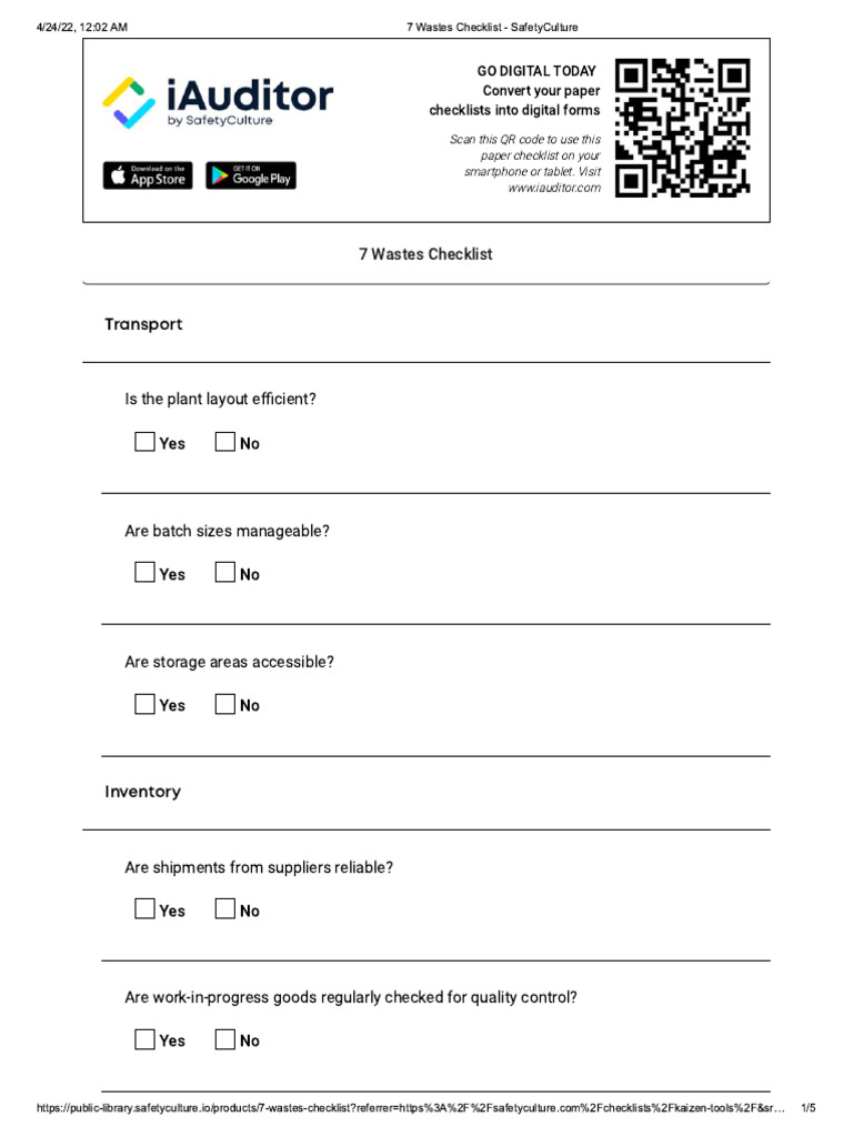 7 Wastes Checklist - Safety Culture | PDF